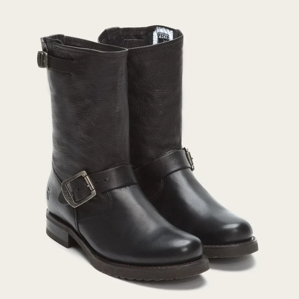 Frye Veronica Short Belted Black Leather Popular Moto Vintage Combat Ankle Boot - Picture 3 of 16
